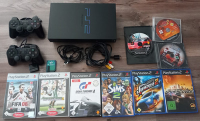 Sony PlayStation 2 PS2 Fat Konsole Schwarz + 2 Controller 8 Spiele Memory Card