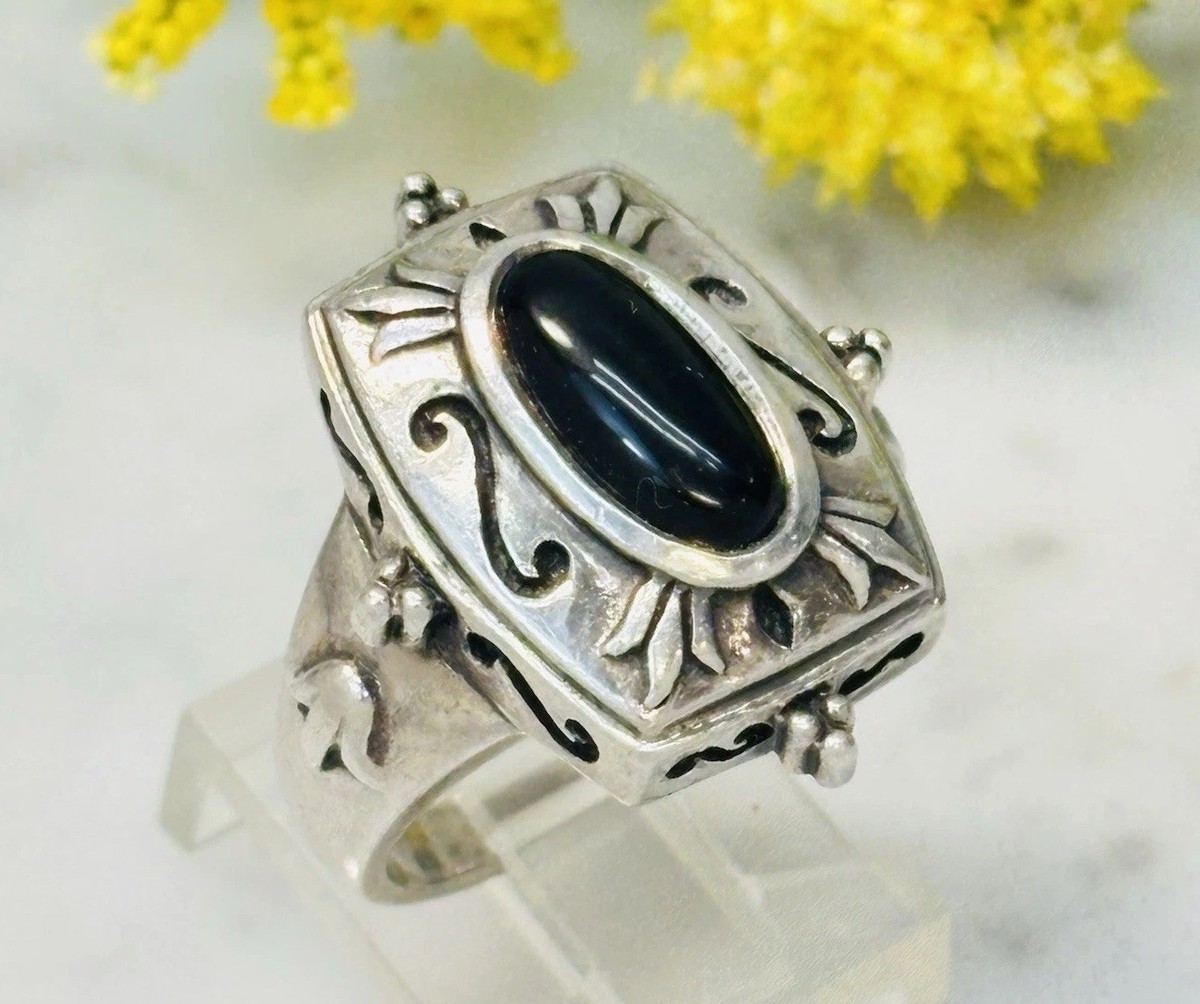 Vintage Sterling Silver 925 Black Onyx Ball Dot Scroll & Tulip 