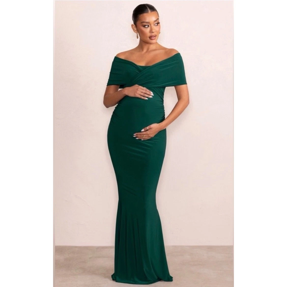 green emerald velvet dress Padma Bottle Green Draped Maternity Maxi Dress With Cape Sleeves – Club L  London