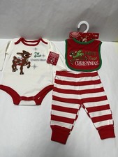 NEW RUDOLPH RED NOSED REINDEER INFANT BODYSUIT PANTS  BIB MY 1st CHRISTMAS 3 Mo