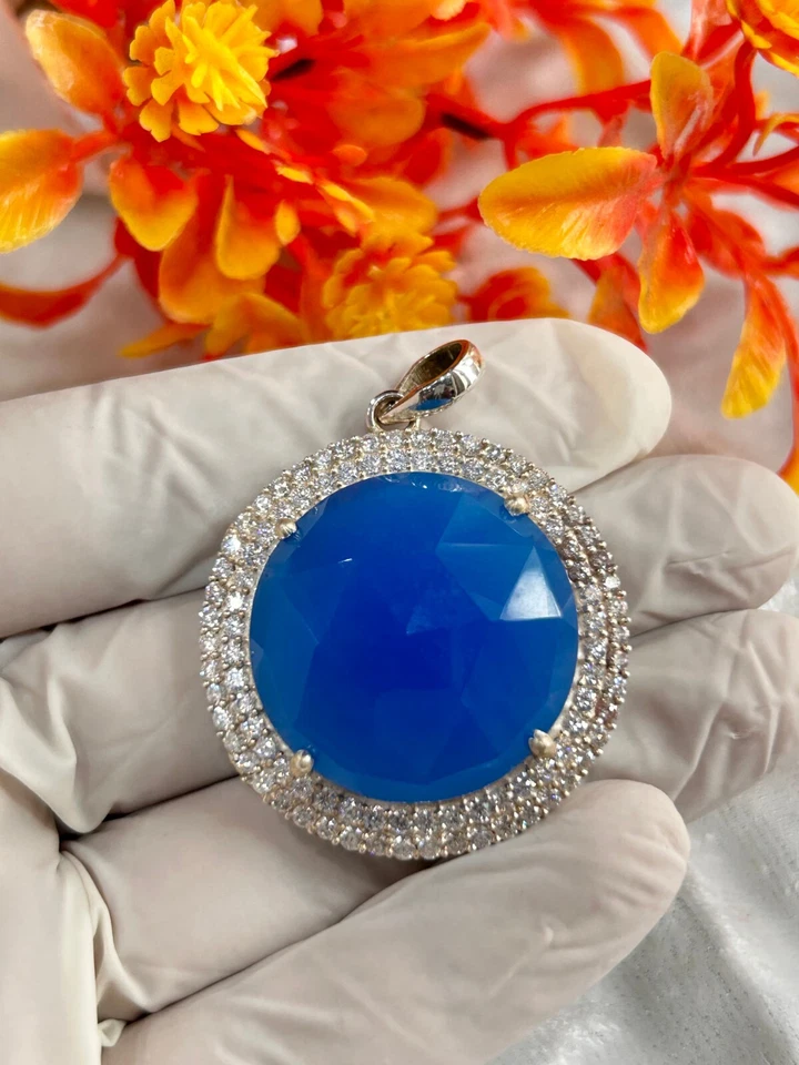 Colgante de plata de ley 925 | Colgante de piedras preciosas facetadas de calcedonia azul de 6 cm de largo Foto 3 de 4