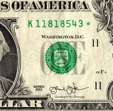2013 K Star note Fancy Serial Number Regular Run One Dollar Bill