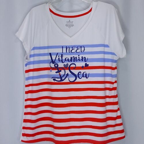 Cuddl Duds T Shirt Large I Need Vitamin Sea Nautical White Red Blue Beach WSJ576 - Afbeelding 1 van 8