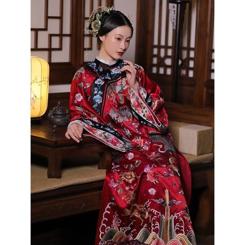 Chinese Vintage Hanfu Red Pan Button Large Front Embroidered Qipao Dress Set - Picture 7 of 7