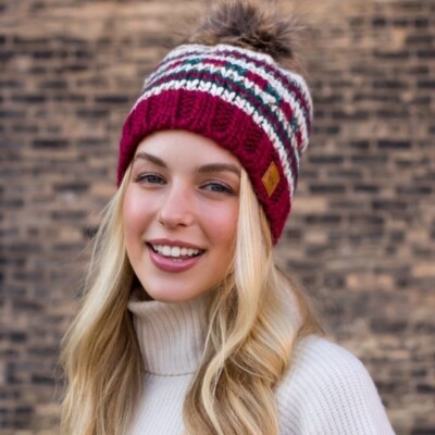 Multi Colored Holiday Beige Red Green Knit Faux Fur Pompom  display picture 1