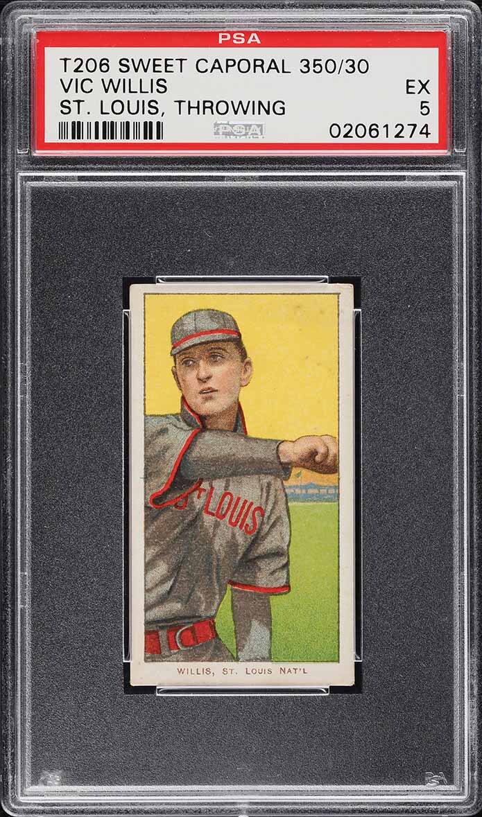 1909-11 T206 Vic Willis HOF ST. LOUIS, THROWING, SWEET CAPORAL 350/30 PSA 5 EX