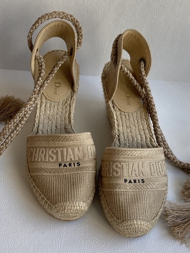 Dior Granville Embroidered cream lace up wedge canvas espadrilles size 38 |  eBay