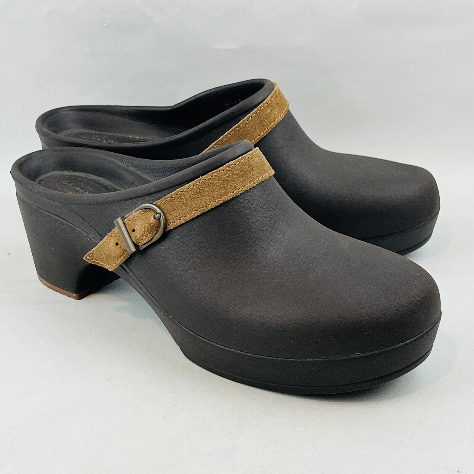 Womens 10 Crocs Sarah Espresso Clog Brown Slip On Shoes 3" Heel Style 203631