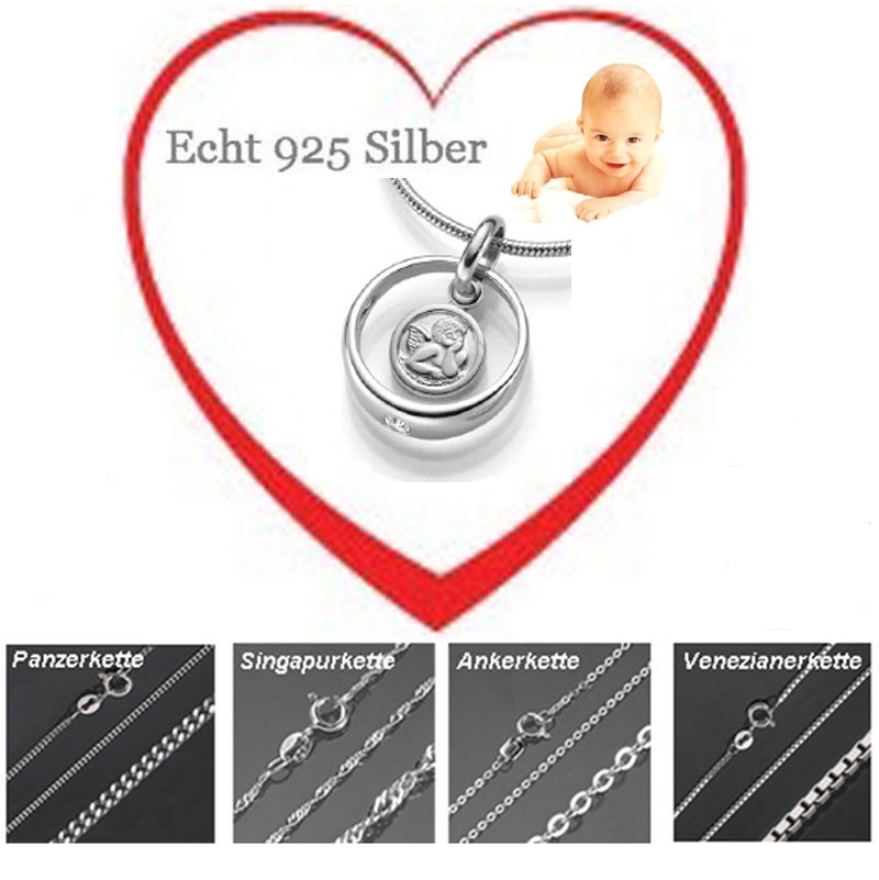Taufring Zirkonia Schutzengel Anhänger Kette Silber 925 Taufe Schmuck Geschenke