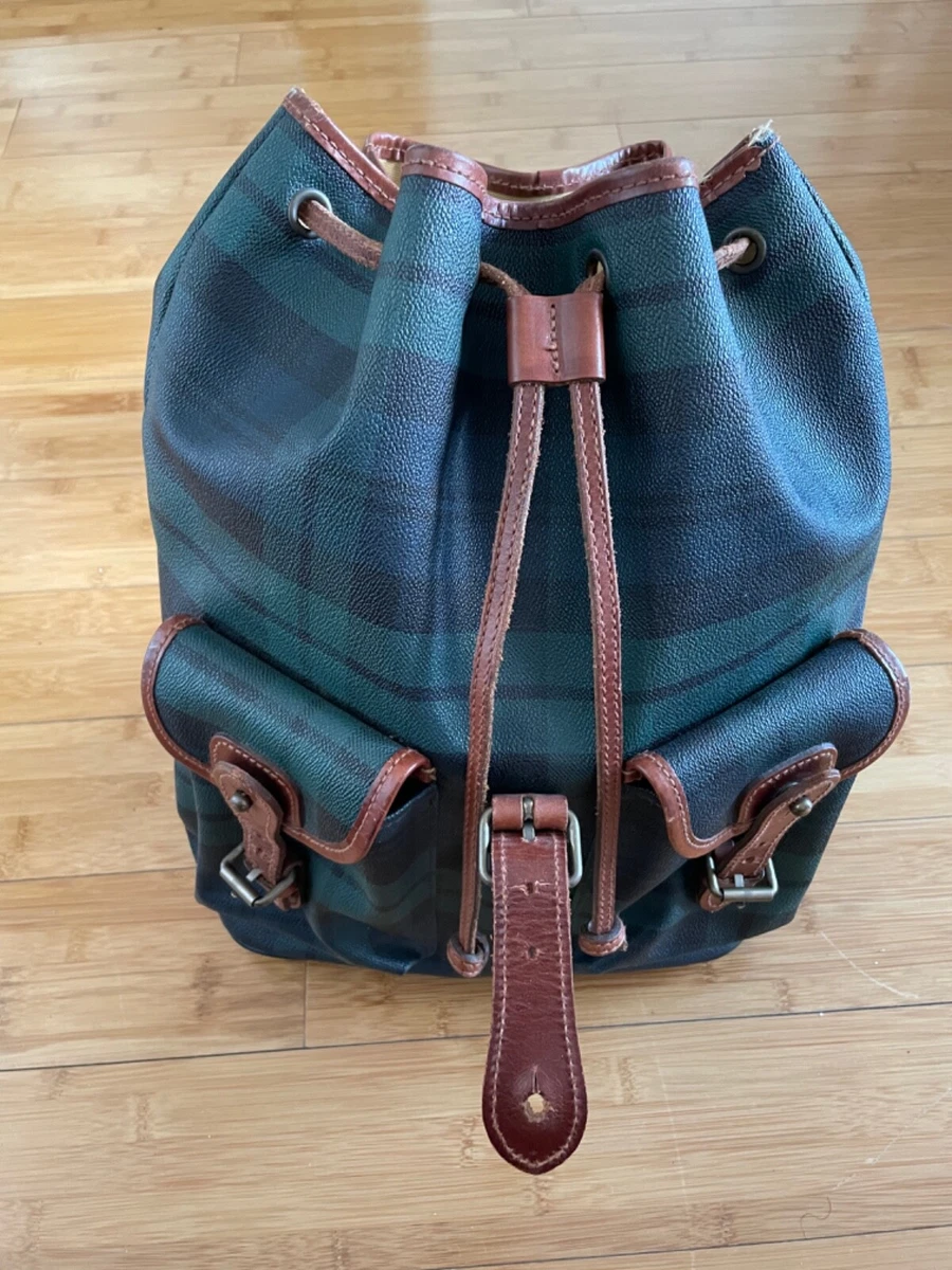 Large Classic Green Plaid Polo Ralph Lauren Leather Trim Backpack