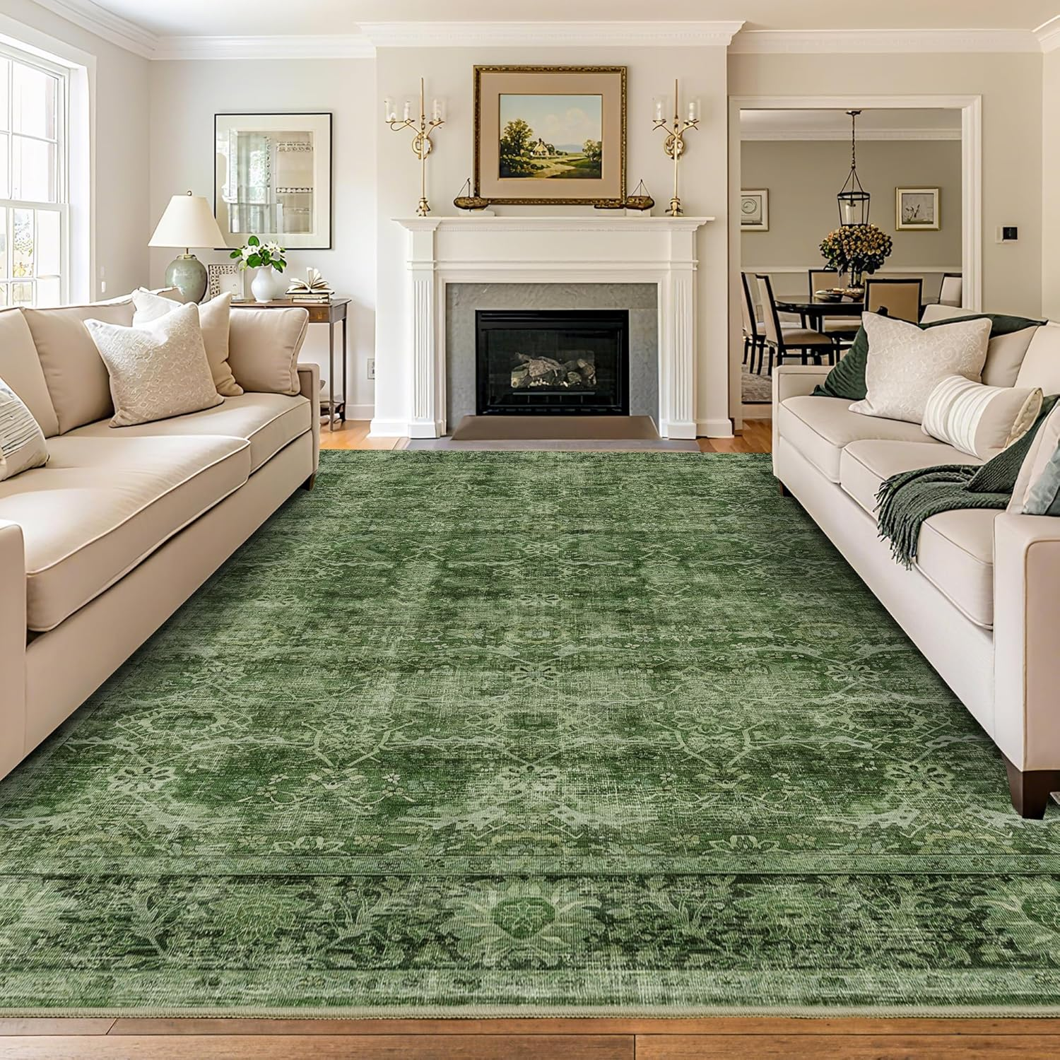 8X10 Washable Area Rug Vintage Green Rug for Living Room Bedroom Low Pile Soft N