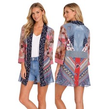 John Mark Womens Mixed Floral Patchwork Lace Back Kimono Cardigan Medium Multi