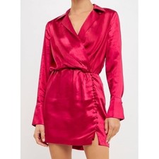 Endless Rose Sz L Pink Satin Mini Dress Button Detail Long Sleeve Date Night