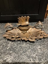 Antique Black Forest Intricately Carved Bird And Leaves Dual Ink Well