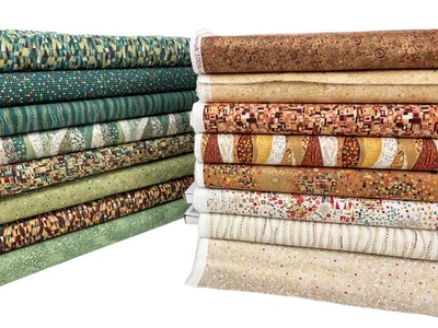 Makower Golden Fabric Cotton Quilting Metallic Geometric Brown Green Patchwork