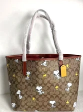 CF166 C𝑂𝑨𝑪𝑯  City Tote Bag Signature Coated Canvas Snoopy Print Outlet New