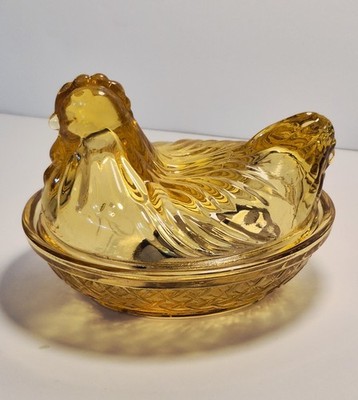 Continental Can Co./Hazel Atlas Amber-Golden Hen On Nest Vtg Rare