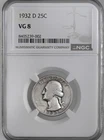 1932-D 25C WASHINGTON SILVER QUARTER  "DENVER MINT"  NGC VG8  #8405239-002