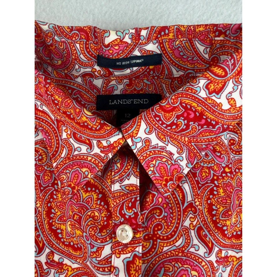 Camisa de manga larga Lands End para mujer 12 estampado de cachemira sin hierro Supima de algodón Foto 3 de 4