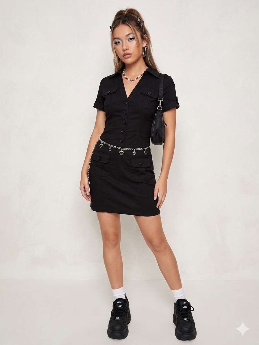 black utility dress Vintage XOXO Mall Goth - 90s/Y2K Button Front Cargo Mini att_v neck Black Dress Brown Sandals SIZE:USA 16 / EU 46 / UK 18 pair with tights and