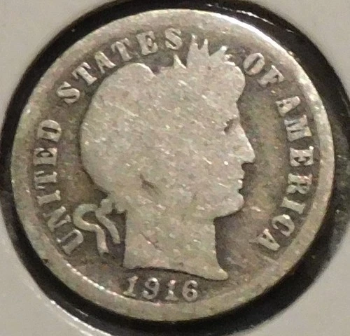 Silver Dime - Barber - 1916 (Worn.  Rev rim dings.) [238]