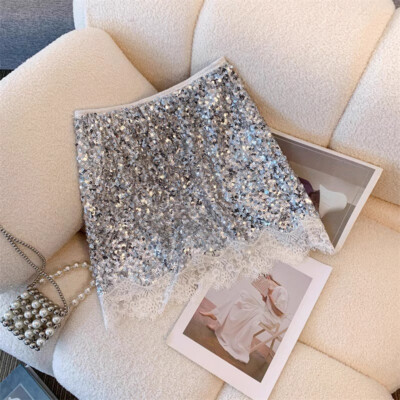 Women Glitter Sequin Skirt Lace Trim Splicing Bodycon Short Half Dress  Nightclub | eBay