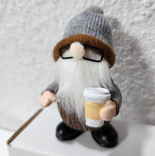 Coffee Gnome Bar Decor, Holding Mug, Small Faceless Gray Scandinavian w/ Glasses