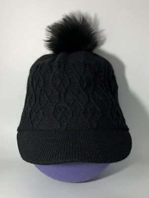 Pistil Knit Beanie Hat Wool Blend Black Pom Pom Lined w/Brim Womens One Size