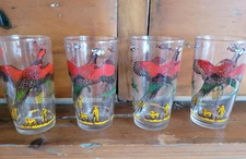 Vintage Hazel Atlas Glass Tumblers SET OF 4 Pheasants Hunters Dog CABIN CORE