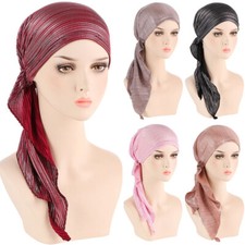 Women Muslim Stretch Turban Hat Chemo Cap Hair Loss Head Scarf Pleated Hijab NEW