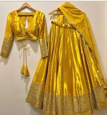 Function  Party Wear Slub Satin Silk Lehenga Choli And Yellow Dupatta For Women