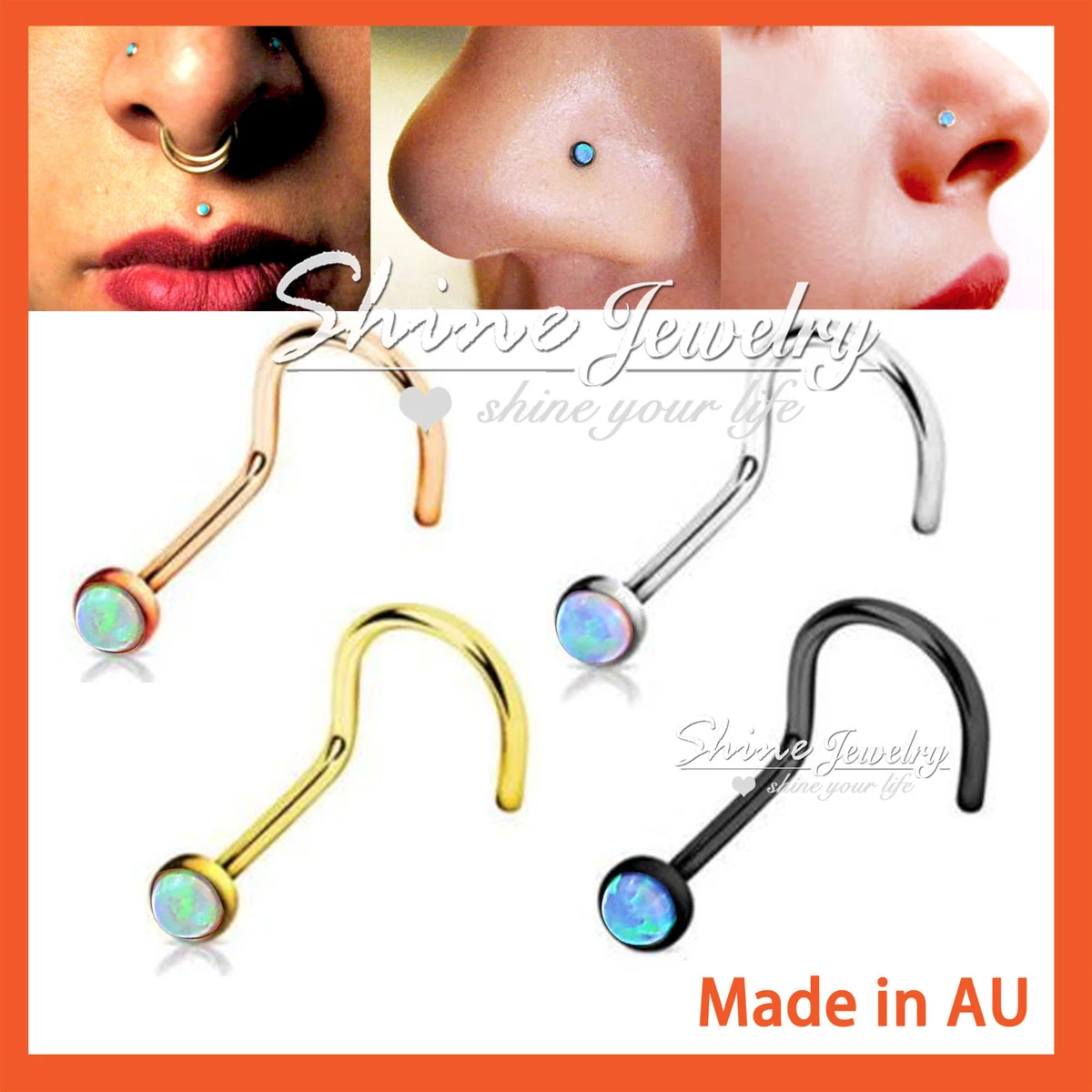 Titanium Opal Nose Stud L Twist Bend Bone Bar 316L Steel Pin Body