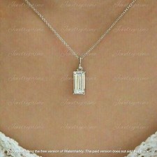 14k White Gold Plated 2Ct Emerald Lab Created Diamond Solitaire Pendant Necklace