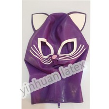 Purple Latex Hood Mask with Cat Ear Back Zip Fetish Cosplay Costumes for Women