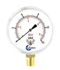 2-1/2" Capsule Gauge 0-8 oz/0-15in H2O Range 1/4" NPT Low Mnt, Adjustable Zero