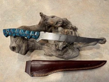 Custom Made 9" Etched Stainless Steel Fillet Knife & leather sheath Wood handle