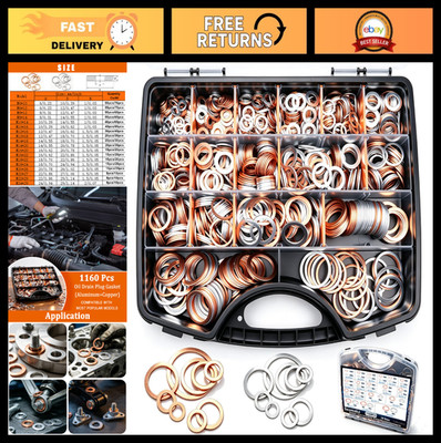 1160PCS Oil Drain Plug Crush Washer Assortment Kit - 18 Sizes Copper & Aluminum