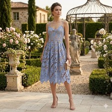 Garden Chic Lace Midi Dress Floral Bridal Wedding Guest Blue Summer Party Sz S