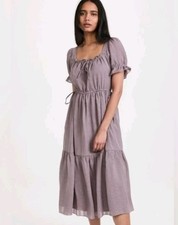 Madewell Square-Neck Tiered Midi Dress in Textured Seersucker Size M Pockets