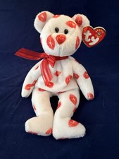 2000 Ty Beanie Baby Smooch Kisses White Teddy Bear Plush Animal Toy