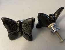 Black Glossy Ceramic Butterfly Cabinet Knobs Set of 6 Contemporary Hardware