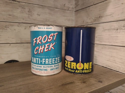 Vintage Anti Freeze Motor Oil Can Advertising Frost Chek Dupont 1 Qt Metal Empty