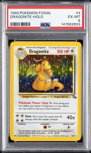1999 POKEMON FOSSIL #4 DRAGONITE-HOLO PSA 6