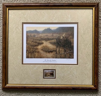 Paco Young 2000 Friends of NRA Too Close for Comfort Moose Print & $5 Stamp