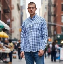 J. McLaughlin Blue White Check Cotton Button Up Shirt Size L