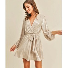 BARDOT Bellissa Pleat Pleated Faux Wrap Dress in Champagne Sz. XS Shiny NYE