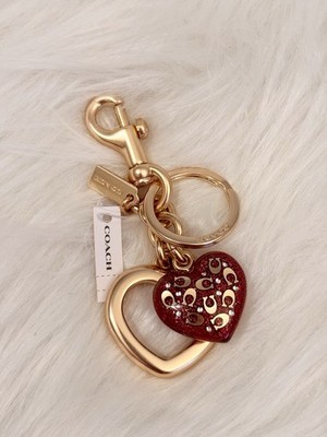 NWT Coach Signature C Heart Bag Charm Keychain Key Fob Gold/Red
