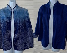 Chicos Sz 2 LARGE Blue Ombre Paisley Reversible 100 Cotton Jacket EUC