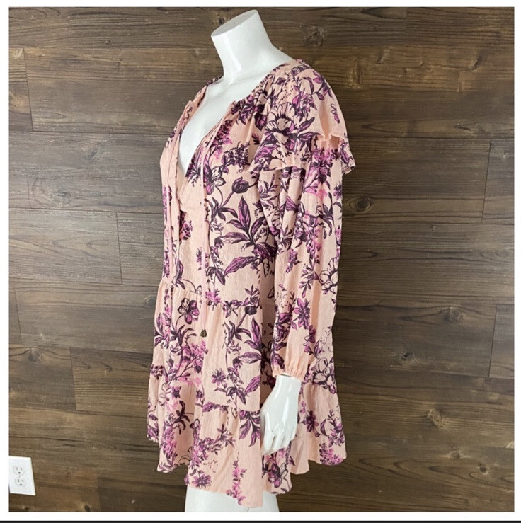 free people sunbaked cotton swing dress Free People Sunbaked Floral Swing Long Balloon Sleeve Mini Dress Pink S,$128 NWT