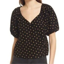 Madewell Blouse Top Polka Dot Puff Sleeve corduroy material black cream size M